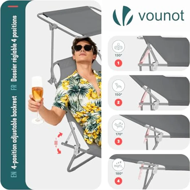 VOUNOT® Sonnenliege Klappbar, Gartenliege mit Dach und 4-Fach Verstellbarer Rückenlehne, Leichte Strandliege für Garten, Terrasse, Camping, Pool & Strand, Grau – Bild 4