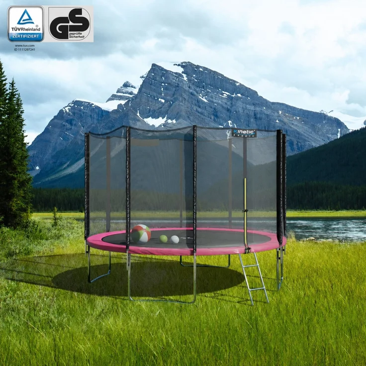 KINETIC SPORTS Trampolin Outdoor 'Salto Plus' - Komplett-Set für Kinder, USA Sprungtuch, Netz, Randpolster, Leiter, Pink-2, Ø 244 cm – Bild 2