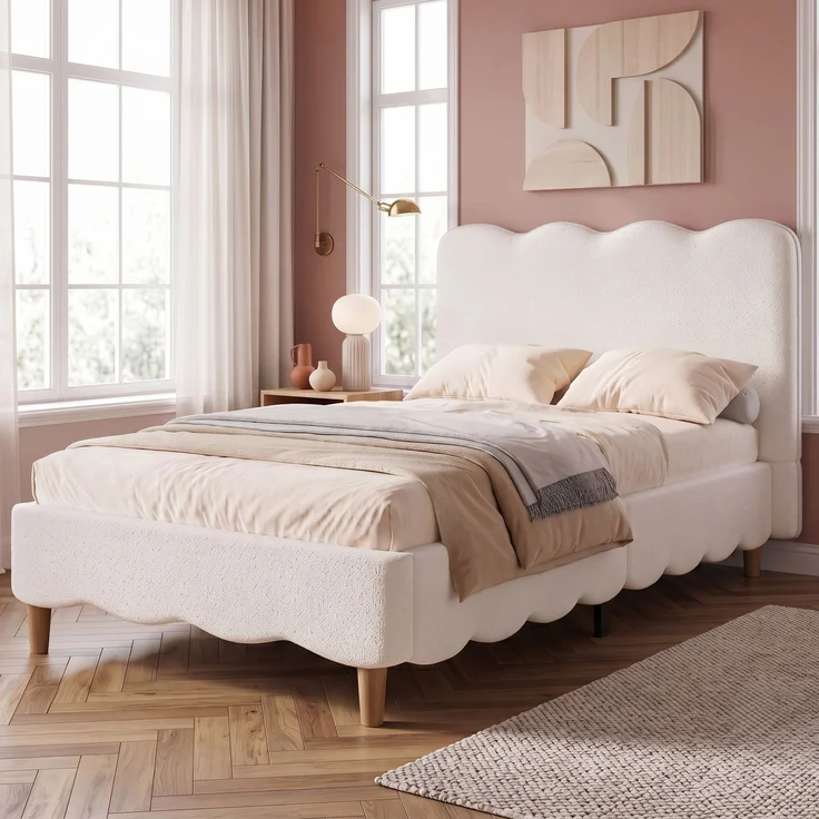 Merax Polsterbett, Einzelbett, Kinderbett 90 x 200cm, Bett mit Lattenrost und Kopfteil, Bettbeine aus Massivholz, gepolstertes Kopfteil, bouclé, Weiß – Bild 1
