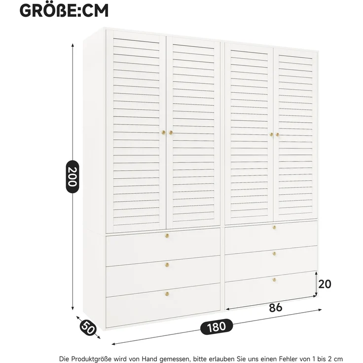 CHICFURN Kleiderschrank 180x200x50 cm mit 4 Lamellentüren, 6 Schubladen und 2 Kleiderstangen Weiß – Bild 9