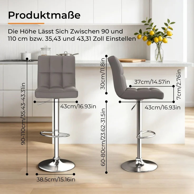 Botifly 2er Set Barhocker Grau Kunstleder, Höhenverstellbar 60-80cm, 360° Drehbar mit Fußstütze, SGS Zertifiziert für Küche, Bar & Theke – Bild 4