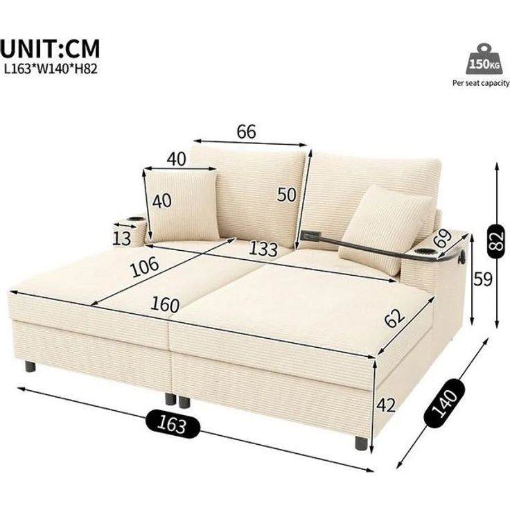 Merax Schlafsofa XXL-Doppelsofa mit Schlaffunktion und USB-Anschluss, Doppelschlafsofa für Wohnzimmer, Schlafzimmer und Heimkino 1 Teile, Relaxsofa Sofa mit 360° Handyhalterung, Getränkehaltern & Kissen – Bild 4