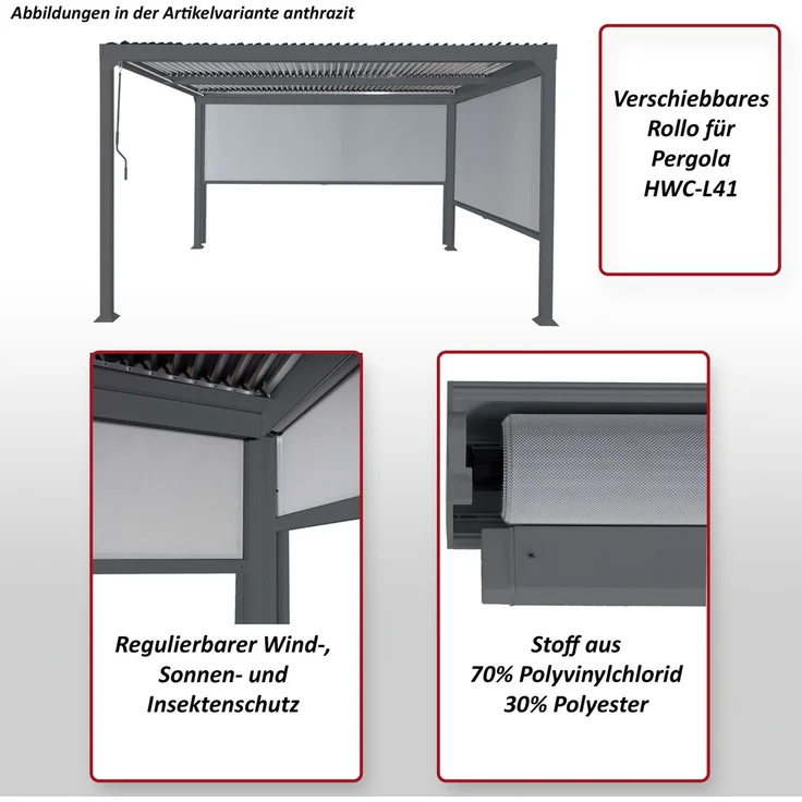 Seitenwand für Pergola HWC-L41, Pavillon Rollo Ersatzseitenwand, Stoff/Textil 3x3m ~ anthrazit – Bild 2