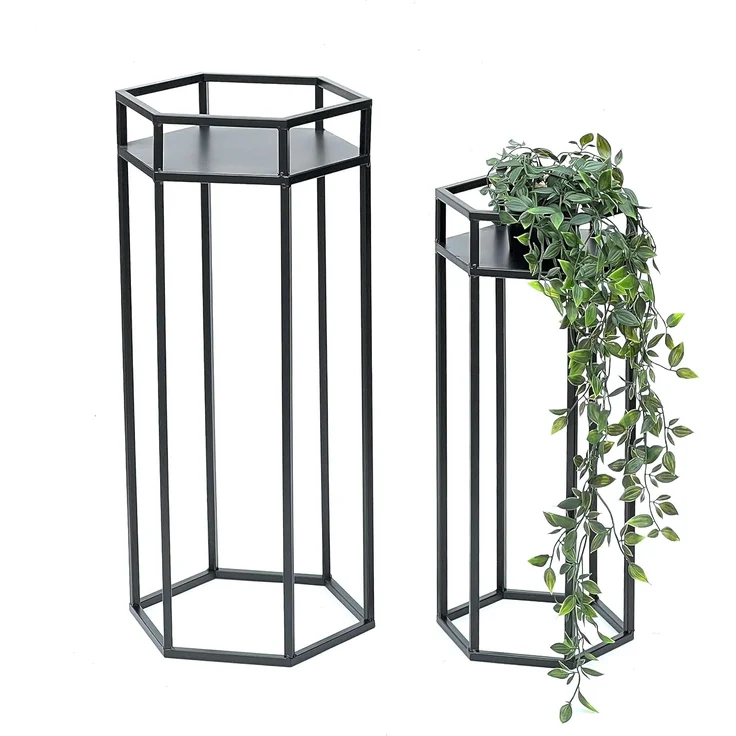 DanDiBo Blumenhocker Metall Schwarz 6eck Blumenständer Beistelltisch 96453 2er Set Pflanzenständer Blumensäule Modern Pflanzenhocker – Bild 1