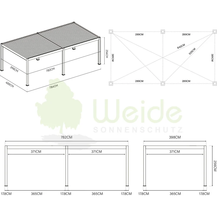 Weide Deluxe Plus | Pergola Voll Aluminium freistehend | 4 x 8 M | Lamellendach weiß – Bild 6