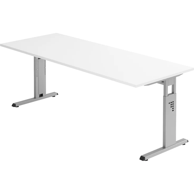 bümö höhenverstellbarer Schreibtisch O-Serie 200x80 cm in weiß, Gestell in Silber - großer PC Tisch für's Büro manuell höhenverstellbar, Computertisch verstellbar, OS-20-W-S – Bild 1