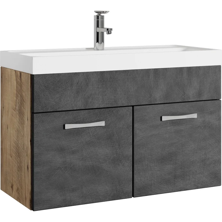 Badplaats Badmöbel Set mit Waschbecken und Unterschrank Paso 01 80x40 cm Kastanien Eiche mit Dunkel Grau - Waschbeckenunterschrank mit Waschbecken – Bild 1