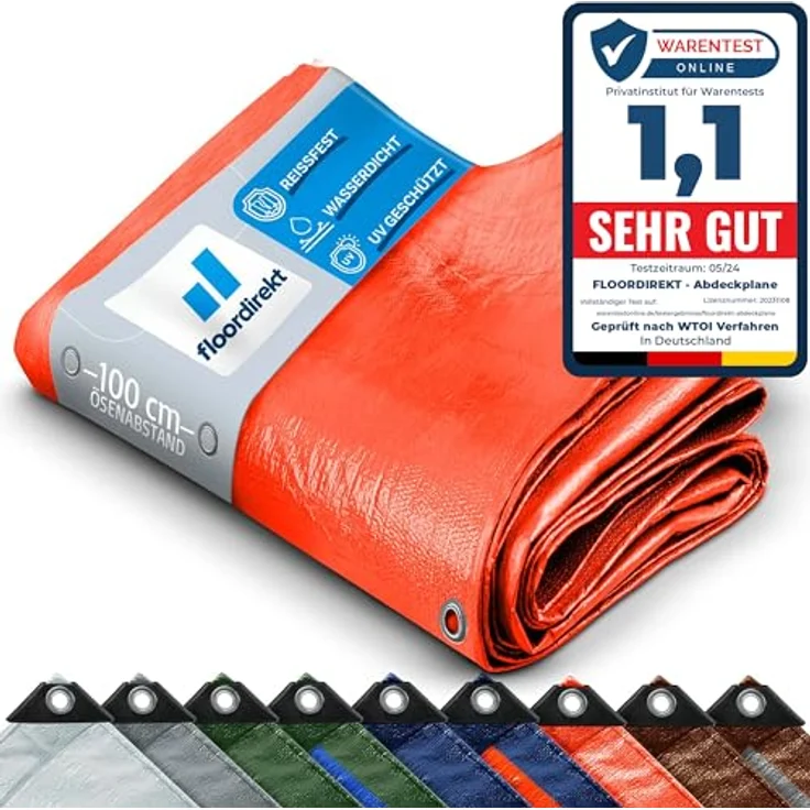 Floordirekt Abdeckplane | Gewebeplane | Schutzplane Bootsplane Zeltunterlage für Camping Garten wasserdichte Planemit Ösen Viele Qualitäten, Größen, Farben 6x10 m 60m² 140 g/m², Orange – Bild 2