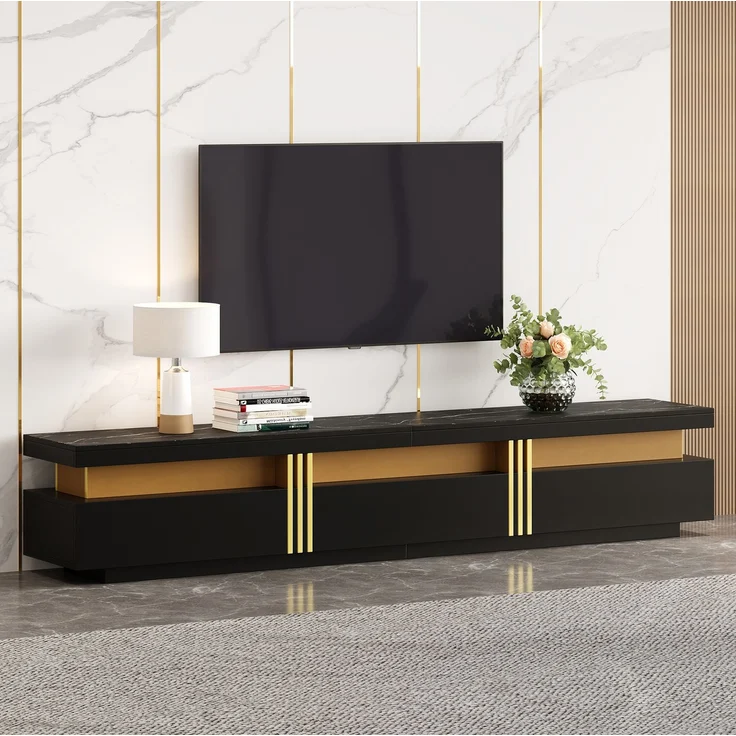DESVIAE TV-Schrank-Set mit Couchtisch, 200x42x40 cm und 100x40x50 cm, Spanplatte, Schwarz, mit 5 Schubladen – Bild 9