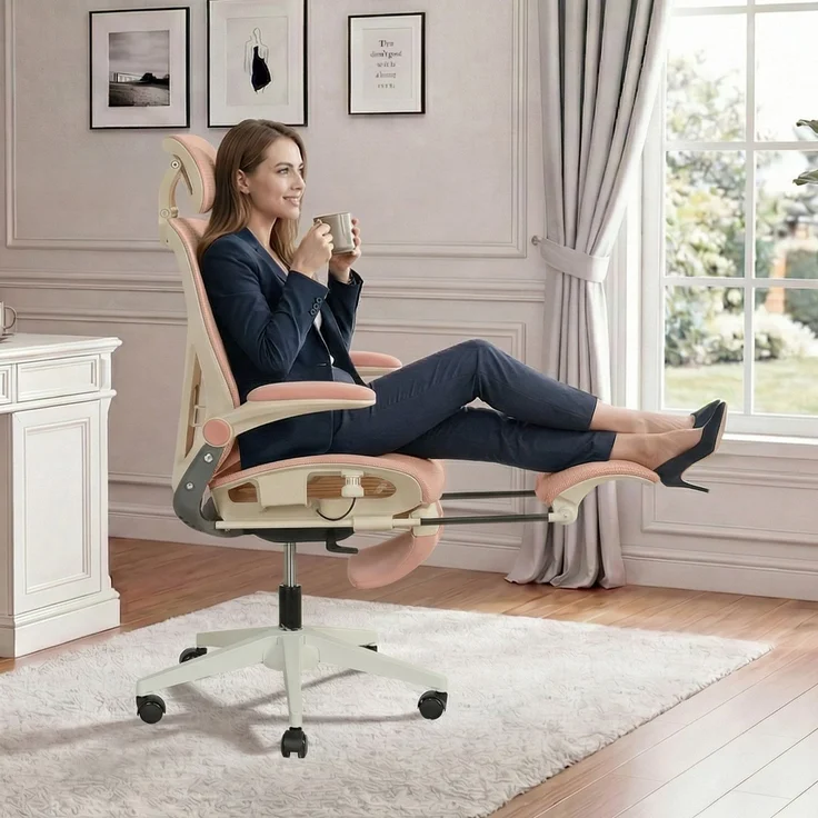Klappbarer ergonomischer Bürostuhl, kleiner Platz-Klappstuhl mit Taillenstütze, Ganznetzschiebekissen, klappbare Armlehnen, 3D-Kopfstützen und Bürostuhl mit Arbeitspedalen,pink--Rosa--129x48.5x62cm--YOUDENOVA – Bild 9