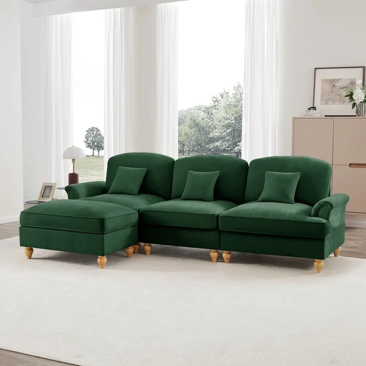 Modulares Mid-Century L-förmiges 3-Sitzer Sofa, Chenille, Trichter-Armlehnen, abnehmbare Rüschenschürze, spindelförmige Beine, beweglicher Hocker, tiefer Sitzkomfort fürs Wohnzimmer, Grün – Bild 5