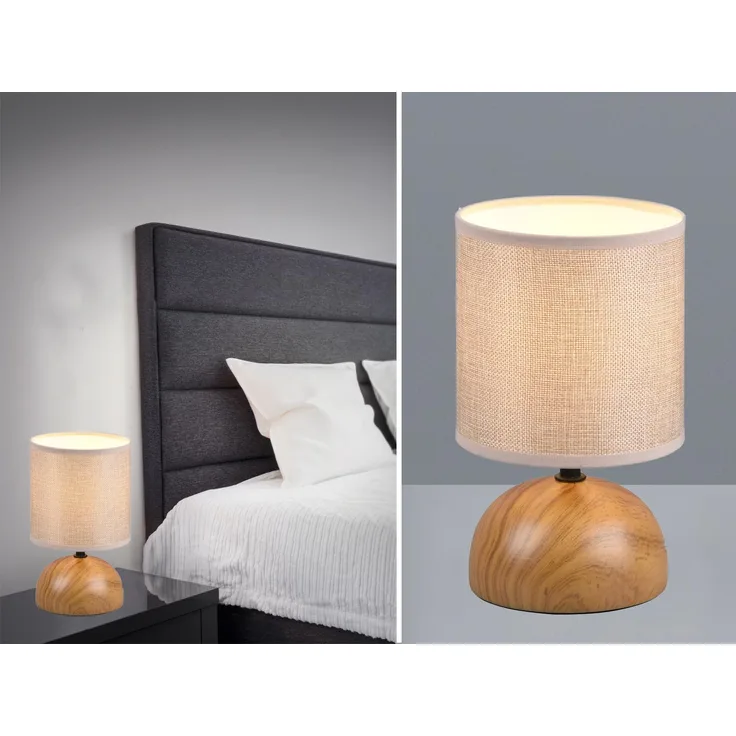 Kleine LED Tischleuchte Keramik in Holzoptik Stoffschirm Beige, Höhe 23cm