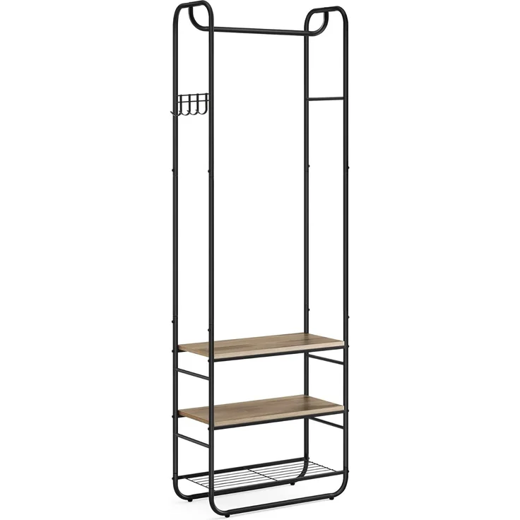 VASAGLE Garderobenständer, Garderobe, Kleiderständer, mit Schuhablage, Schuhregal, Flur, Schlafzimmer, 58 x 28 x 181 cm, skandinavisch, tintenschwarz-kamelbraun HSR081K01 – Bild 1