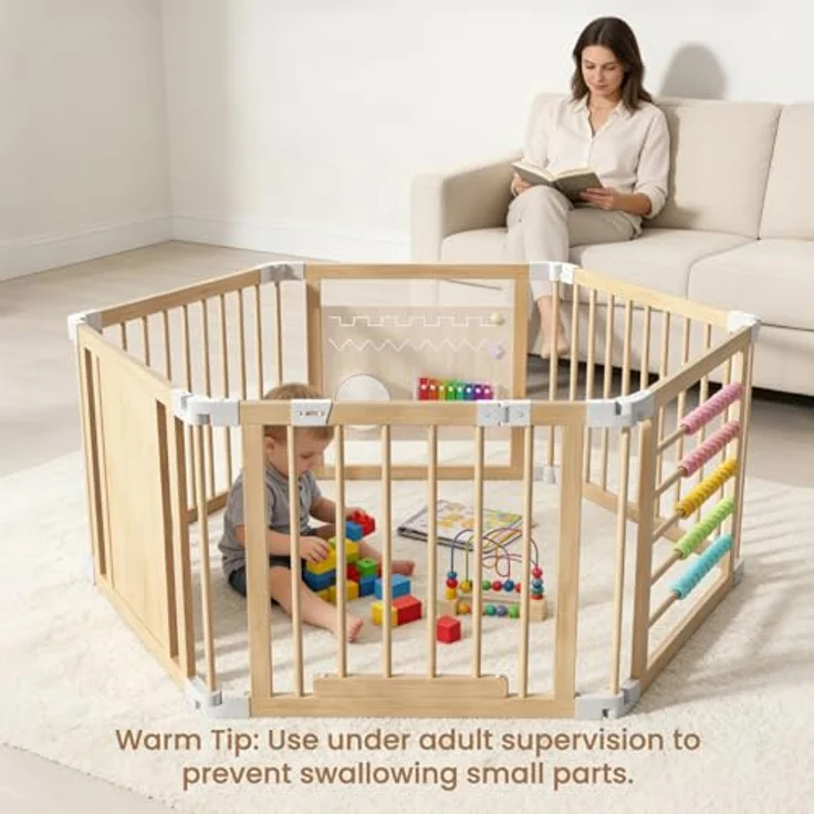 Laufstall Baby Holz mit Spielcenter – 160x80x61cm Verstellbare Größe & Form Laufgitter, Faltbarer Laufstall aus Holz, Spielzaun mit Tor für Babys und Kleinkinder(6 Stück) – Bild 8