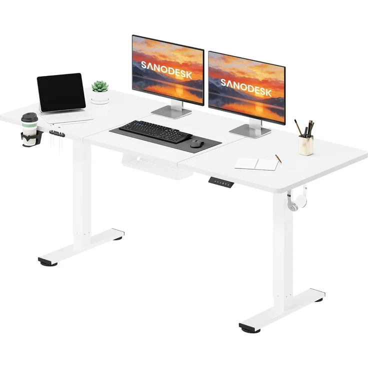 SANODESK Höhenverstellbarer Schreibtisch 160x60 cm mit Memory-Funktion, Elektrischer Steh-Sitz Tisch für Heimbüro, Ergonomischer Computertisch mit Modernem Design und Vierteiliger Tischplatte, Weiß – Bild 1