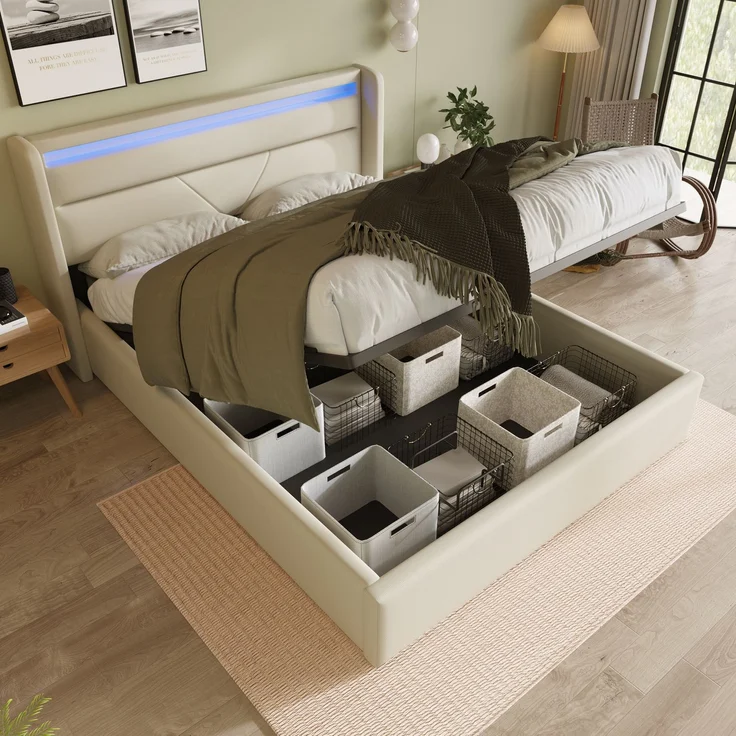CHICFURN Polsterbett aus PU, Weiß, 160x200 cm, mit hydraulischem Stauraumbett und LED-Beleuchtung – Bild 1