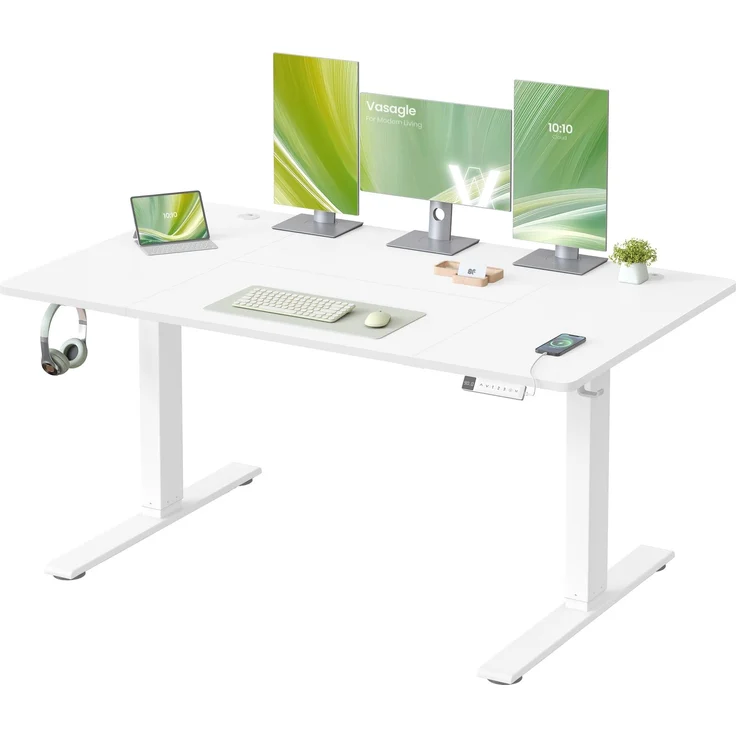 VASAGLE Höhenverstellbarer Schreibtisch, 140x80 cm, USB-C-Anschluss, Ablage für Steckdosenleiste, Stehtisch, Erinnerung bei langem Sitzen, 3 Speichertasten, für Büro, mattweiß LSD144WZ02 – Bild 1