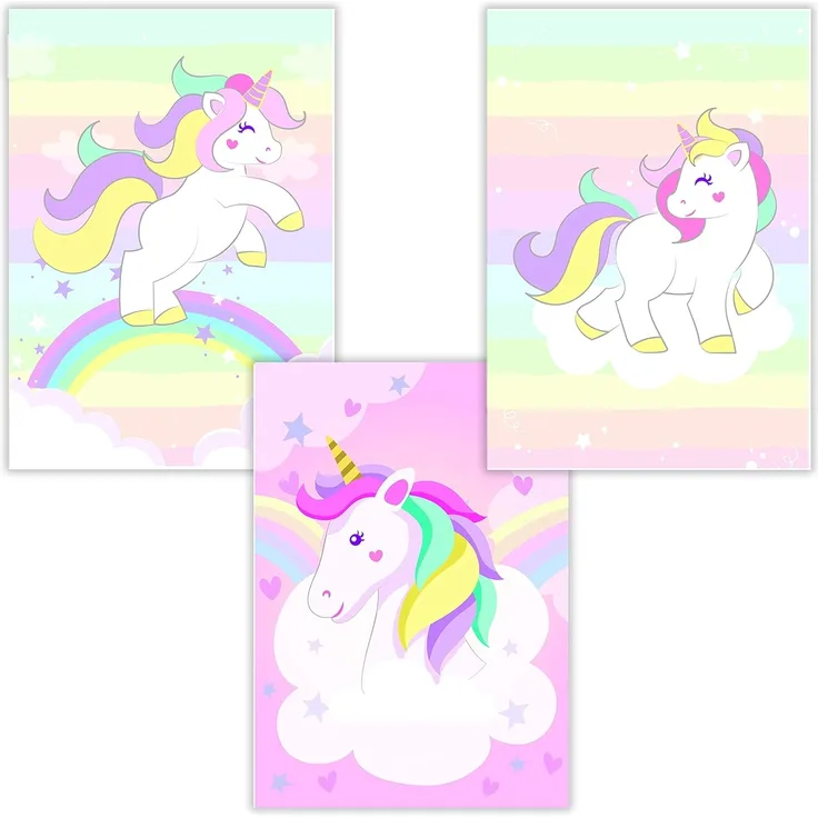 WIETRE® 3er Set Einhorn Bilder Kinderzimmer Babyzimmer Deko | Bild Mädchen Rosa Poster DIN A4 | Unicorn Einhörner Geschenk Tiere Tierposter Girls | Regenbogen Dekoration - ohne Rahmen