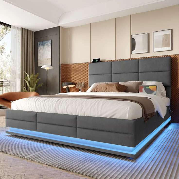 LVHOM Polsterbett 180x200cm mit LED und USB, Einzelbett mit Hydrauliksystem, Stauraumbett Samtstoff, Bettgestell Massiv, Boxspringbett, Grau – Bild 5