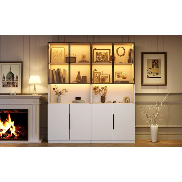 DESVIAE Vitrine mit LED-Beleuchtung, Glastüren und Stauraum 160x200x30 cm aus Spanplatte, Weiß – Bild 5