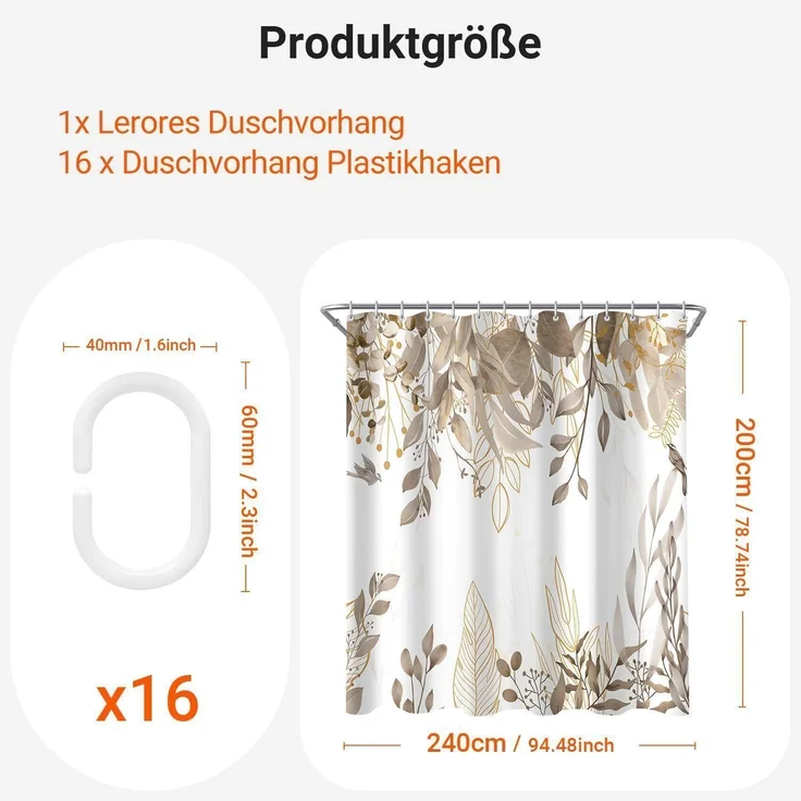 Duschvorhang 240x200cm Grau Herbstblätter Wasserabweisend Waschbar Ösen 16 Ringe – Bild 2