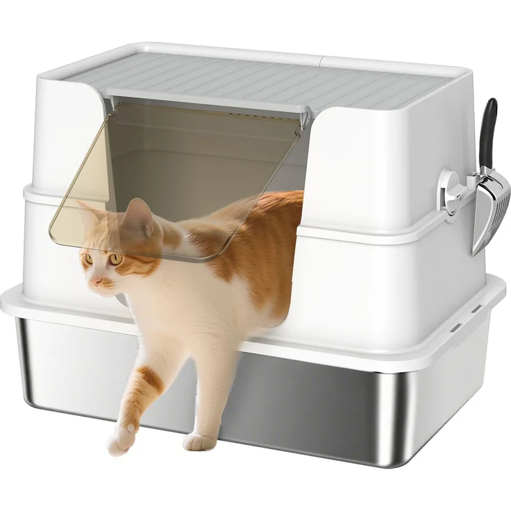 PawHut Katzenklo, Edelstahl, Kunststoff, Hellgrau, 60,2L x 40,2B x 44,5H cm – Bild 1