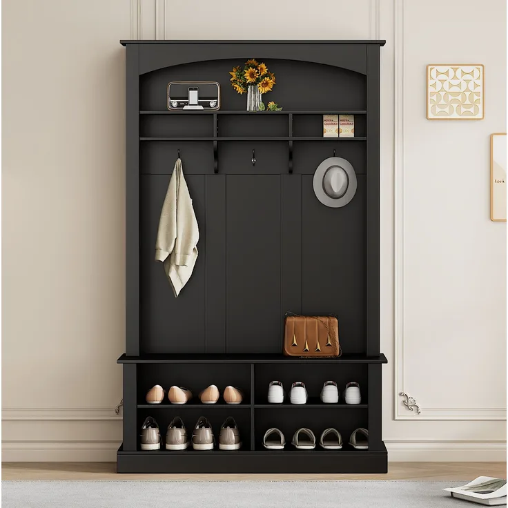 Garderobe mit Sitzbank 120x40x190 cm – Schuhablagen und verstellbare Einlegeböden, Schwarz