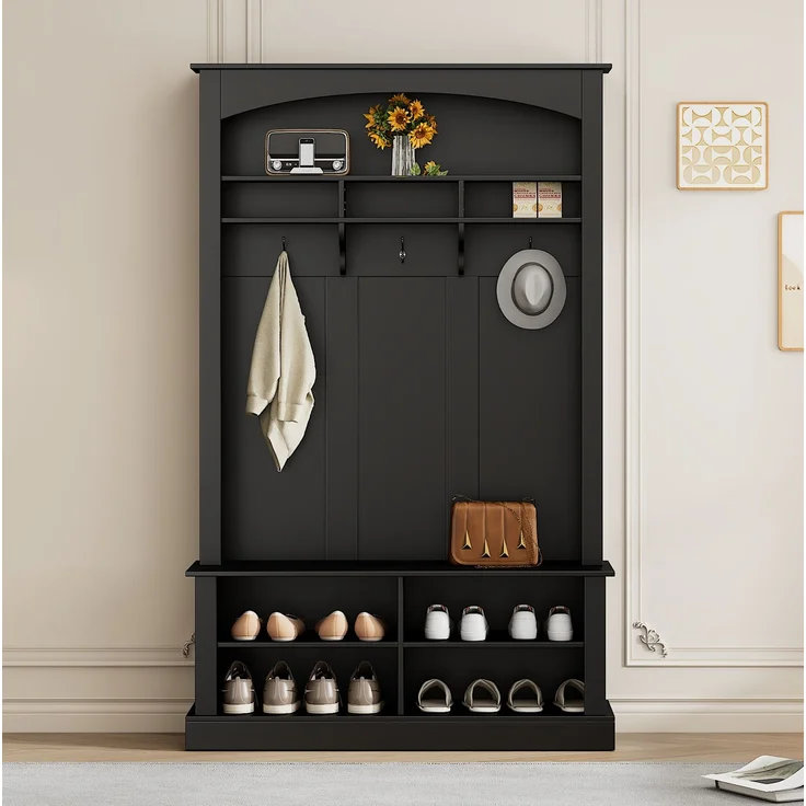 Garderobe mit Sitzbank 120x40x190 cm – Schuhablagen und verstellbare Einlegeböden, Schwarz – Bild 1
