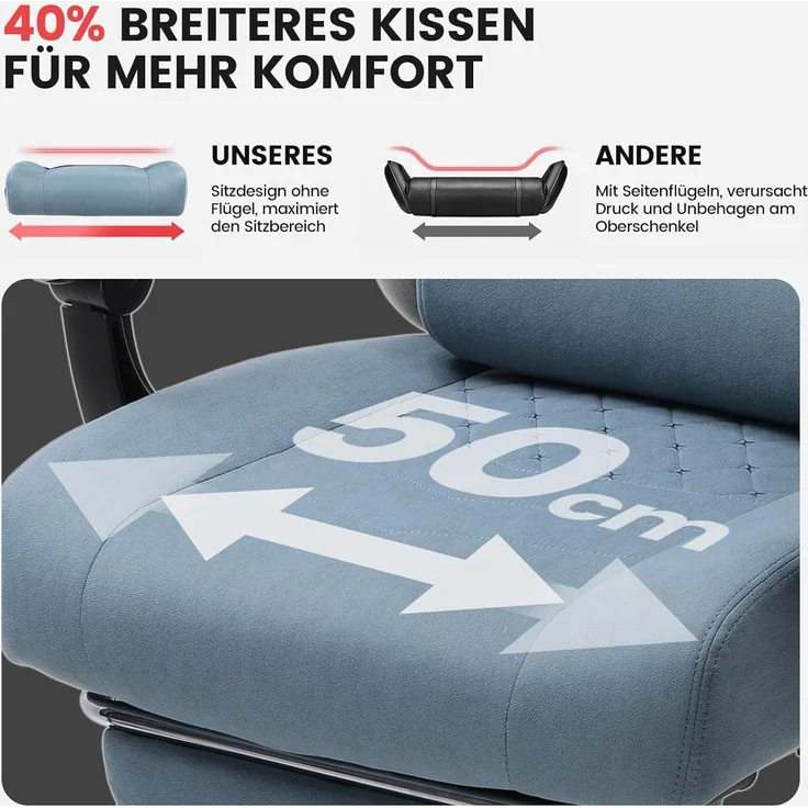 GTPLAYER Gaming Stuhl Stoff, Gaming Sessel mit Taschenfederkissen, ergonomischer Drehstuhl, Gamer Stuhl mit Fußstütze150 kg Belastbarkeit, hellblau – Bild 4