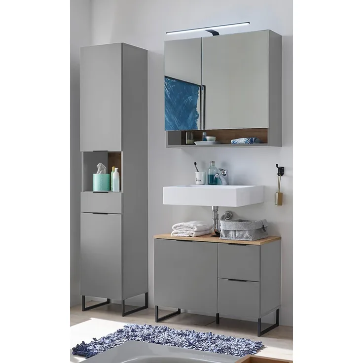 Badezimmer-Set >Denver< (3-tlg.) in grau matt / Evoke Eiche Dekor - 140x195x35 (BxHxT)