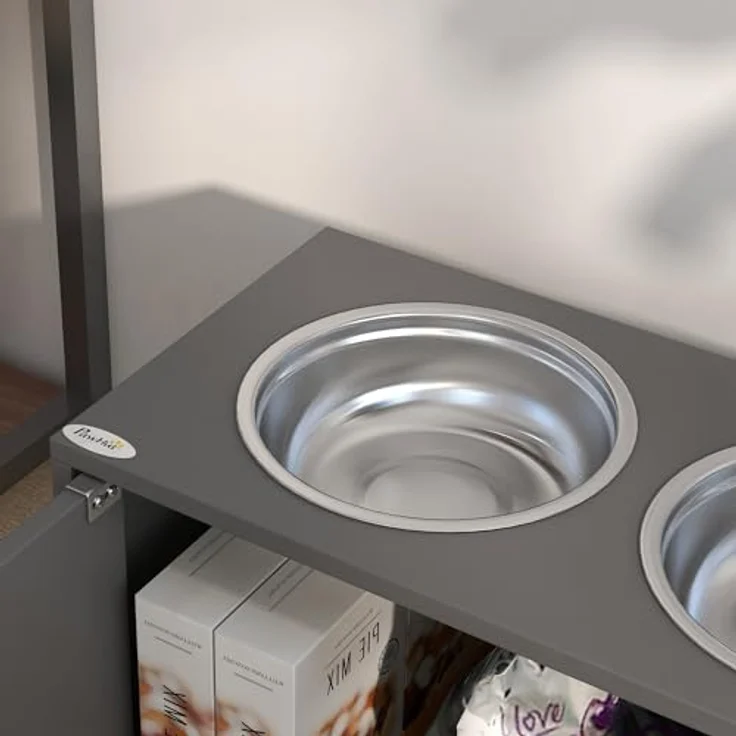 PawHut Futternapf Erhöhter Hundenapf, Futternapf mit Stauraum, Wassernapf 2 x 2000ml, Edelstahl, Wassernapf für große Hunde, Grau – Bild 9