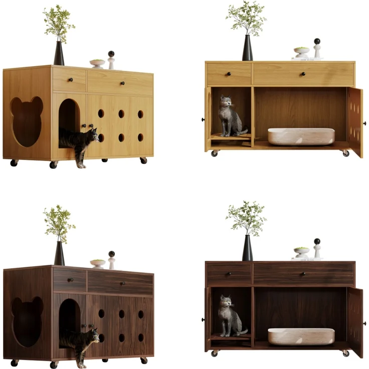 Katzenkloschrank (bewegliche Katzentoilette) – Katzenschrank/Katzenhaus mit abnehmbare Sandablassplatte, geruchsisoliert, ohne Katzenklo, 100×45×66 cm (Naturholzfarbe, Gelbmaplefarbe) – Bild 8