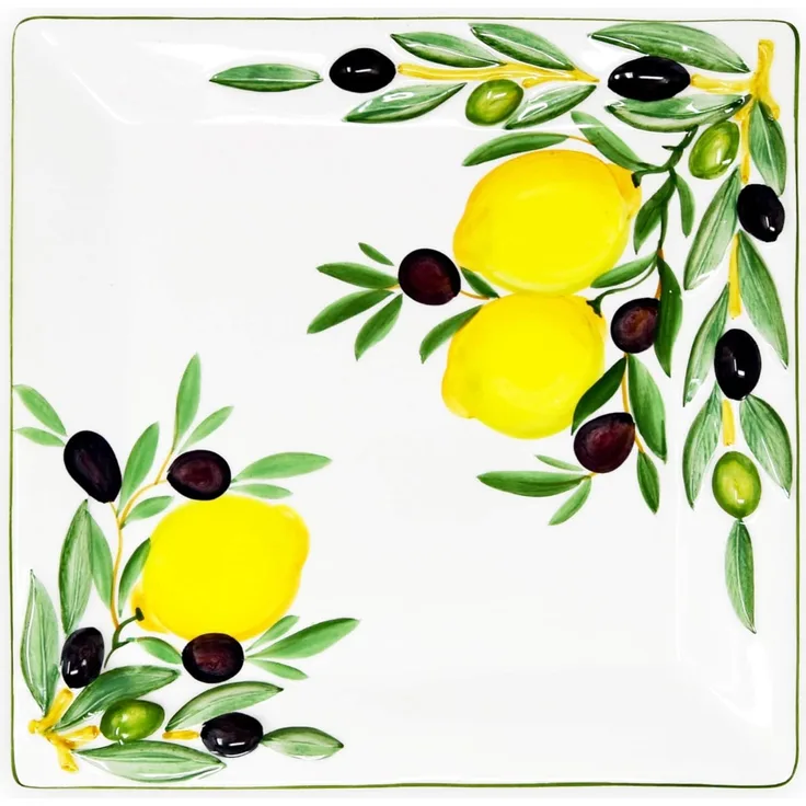 Lashuma Servierplatte Zitrone Olive, Keramik, (1-tlg, 27 x 27 cm), Quadratischer Obstteller mit Zitronen Oliven Design