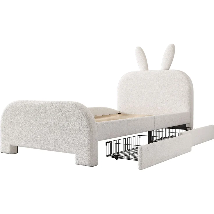 Kinderbett 90x200 Weiß mit Kaninchen-Kopfteil und 2 Schubladen,Gepolstertes Bett aus Lammwolle und MDF, Cartoon Bunny Design – Bild 7