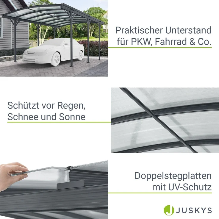 Juskys Carport mit Bogendach 5x3 m - Überdachung aus Aluminium mit Doppelstegplatten - Unterstand für Autos - freistehende Montage - Dunkelgrau – Bild 3