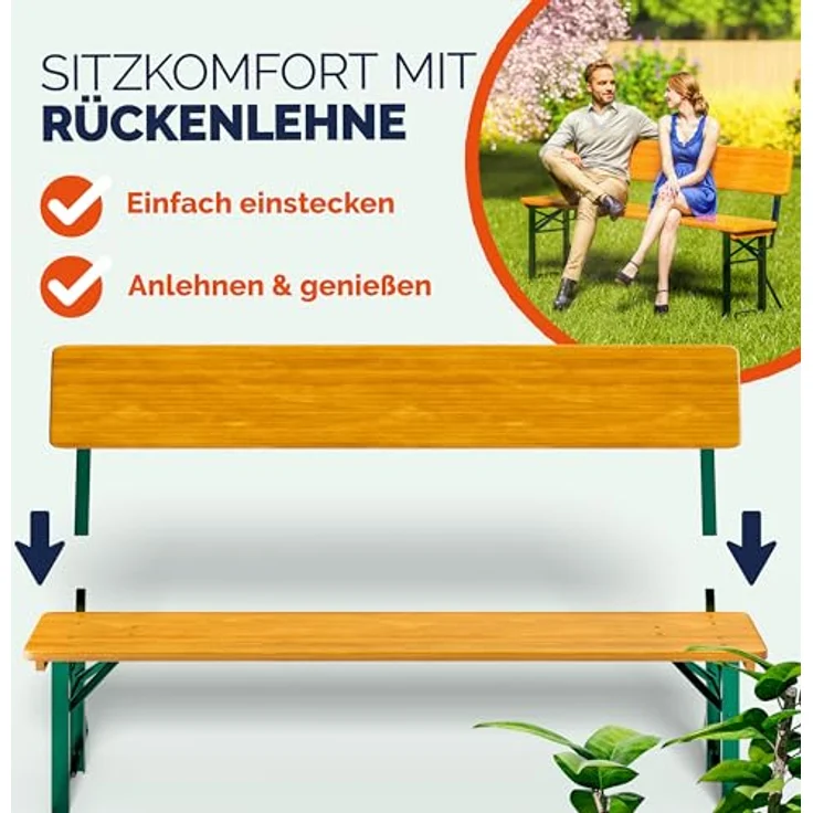 Casaria Bierzeltgarnitur mit Rückenlehne, 3-teilig, klappbar, Holz natur / Stahl grün, 170 x 70 x 75 cm – Bild 4