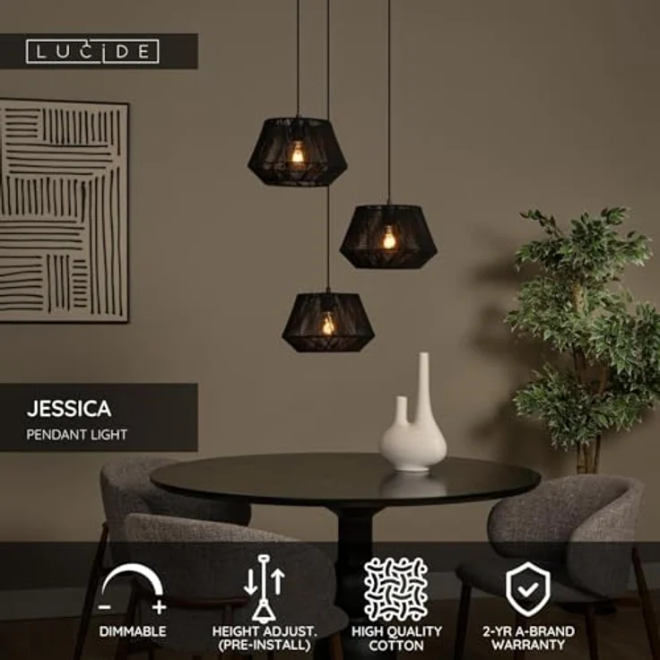 LUCIDE JESSICA Pendelleuchte, Ø 35,5 cm, höhenverstellbar, 3xE27, schwarz – Bild 3