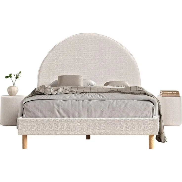 Polsterbett 140x200 und 2 Polsterhocker MOON inkl. Lattenrost Boucle Stoff Weiß