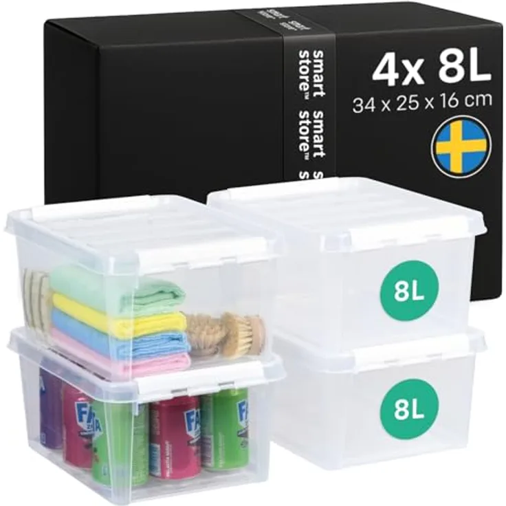 SmartStore - 4x Aufbewahrungsbox mit Deckel Classic 8L (34 x 25 x 16 cm) | Stapelbare Box mit Deckel | Lebensmittelechte Kunststoffbox | Plastikbox mit Deckel & verstärkten Ecken | 10 Jahre Garantie