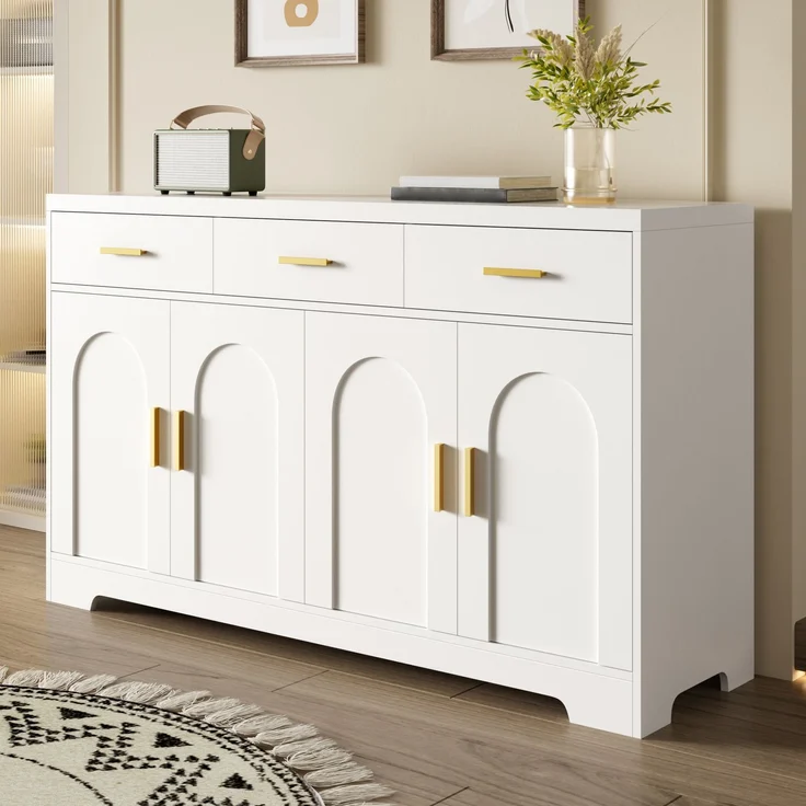 Merax Wohnzimmerschrank, Weiß Sideboard mit vier bogenförmigen Türen, 3 Schubladen, höhenverstellbare Einlegeböden, Korpus aus MDF, goldene Metallgriffe – Bild 6