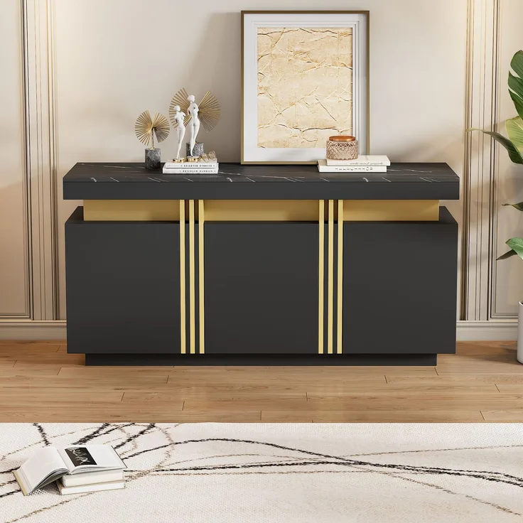 Merax 140*38*70cm Schwarz Sideboard-Display, 3 Türen, Esszimmerschrank mit verstellbaren Trennwänden, breite grifflose Schließfächer