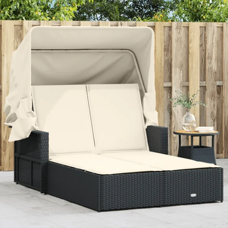 vidaXL Doppel-Sonnenliege mit Dach und Auflagen Schwarz Poly Rattan 365806