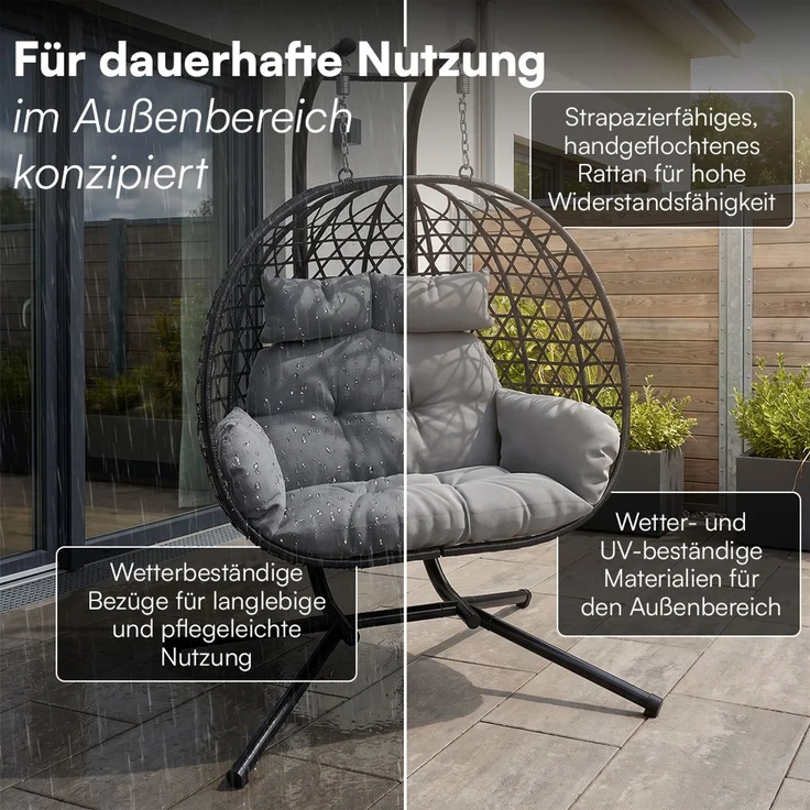 STEELSØN 'Sarin' Doppelhängesessel mit Metallgestell, höhenverstellbar und faltbar, wetterfest, Polyrattan, dunkelgrau/schwarz, bis 220 kg belastbar, inkl. Kissen – Bild 6