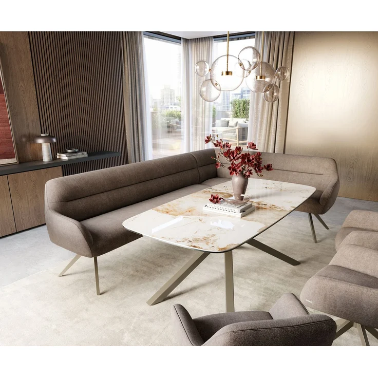 Esszimmerbank Taya-Flex 285x190 cm Strukturstoff Soft Taupe Kreuzgestell kantig Effektfinish Titan Taschenfederkern Links – Bild 1
