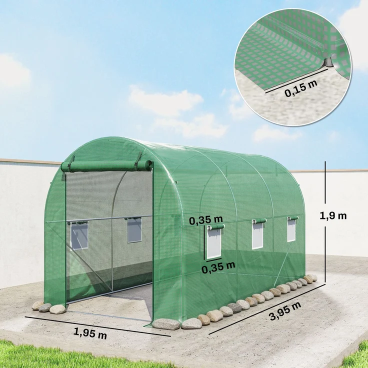 Wohnora-8 m² Tunnelgewächshaus (4 m L x 2 m B x 1,9 m H) Verstärkter, verzinkter Stahl, 2,4 cm Durchmesser + PE-Fenster, grüne Tür,H 1900cm x T 1470cm x B 1950cm,Grün – Bild 4