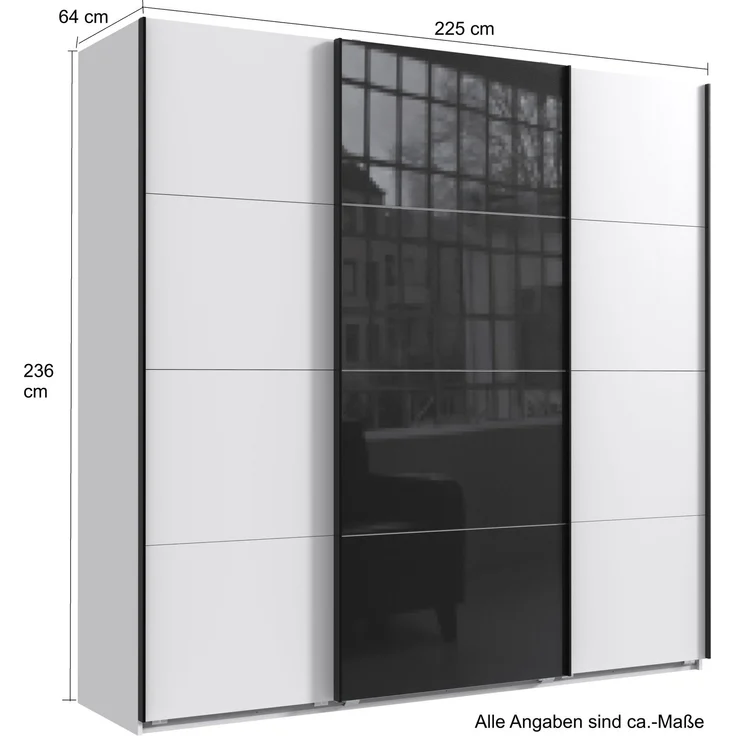 Schwebetürenschrank Kleiderschrank B225 cm extra H236 cm 3-türig Weiß, 1x Tür Glas Schwarz – Bild 5