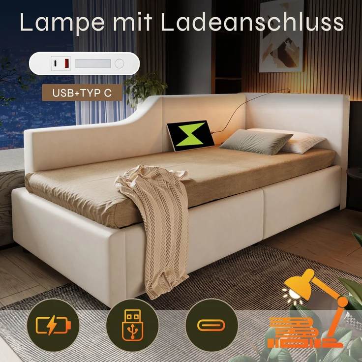 Tagesbett, Samt mit Stauraum & Leselampe, 213x70,5x98 cm, Beige, ohne Matratze – Bild 5