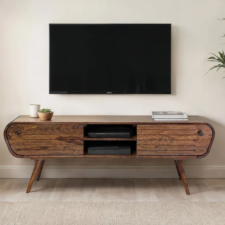 FINEBUY Lowboard TV Board Massivholz 160 cm Retro Schubladen Fächer (zwei Schubladen, 160x50x45 cm, Massivholz Vintage), TV-Schrank Retro Fernsehtisch, TV-Kommode Niedrig – Bild 1