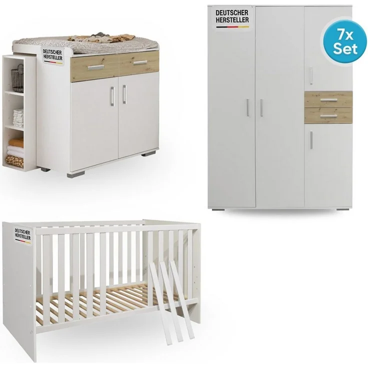 Storado Babymöbel-Set Sienna 7-teilig 70×140cm, Kinderzimmer-Set, Farbe wählbar, Mitwachsendes Babybett, Wickelkommode und geräumiger Schrank – Bild 2