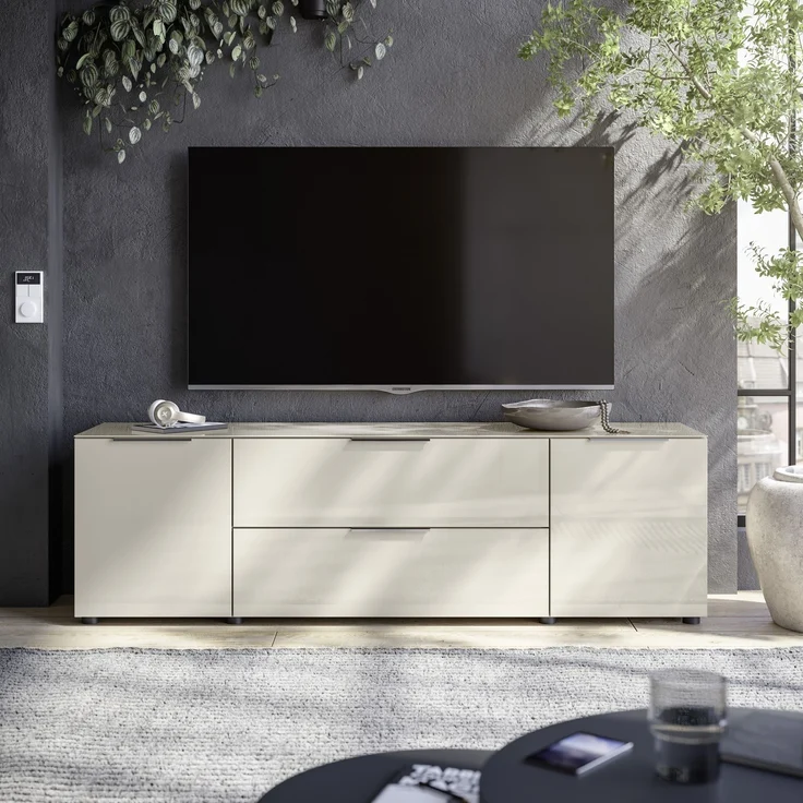 Lowboard >Santorin< Glasfronten, in Kaschmir - 180x55x40cm (BxHxT) – Bild 3